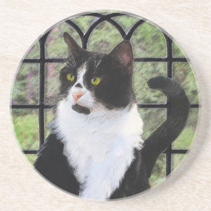Tuxedo Cat in Window Painting Original Animal Art Coaster