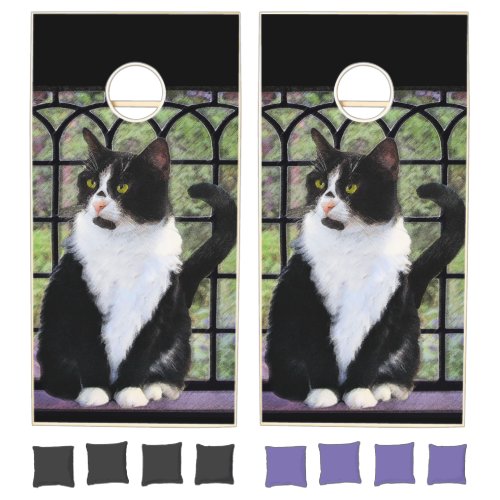 Tuxedo Cat in Window Painting Original Animal Art Cornhole Set