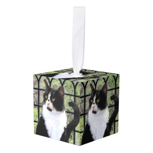 Tuxedo Cat in Window Painting Original Animal Art Cube Ornament