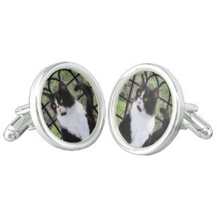 Tuxedo Cat in Window Painting Original Animal Art Cufflinks