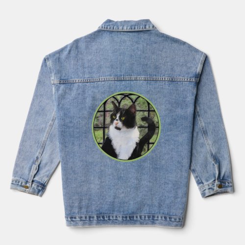 Tuxedo Cat in Window Painting Original Animal Art Denim Jacket