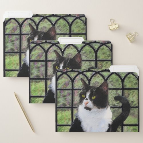 Tuxedo Cat in Window Painting Original Animal Art File Folder