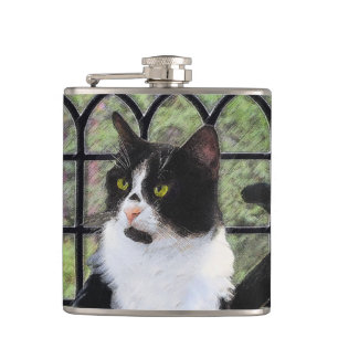 Tuxedo Cat in Window Painting Original Animal Art Flask