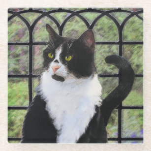 Tuxedo Cat in Window Painting Original Animal Art Glass Coaster