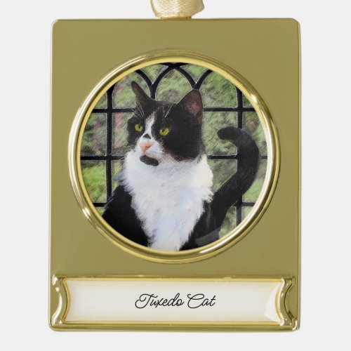 Tuxedo Cat in Window Painting Original Animal Art Gold Plated Banner Ornament