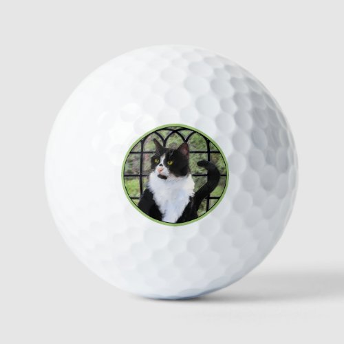 Tuxedo Cat in Window Painting Original Animal Art Golf Balls
