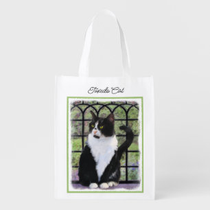 Tuxedo Cat in Window Painting Original Animal Art Grocery Bag