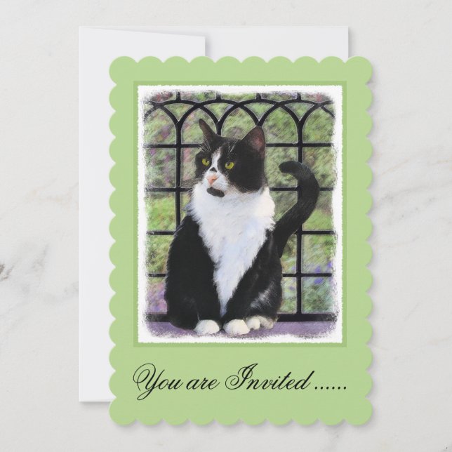 Tuxedo Cat in Window Painting Original Animal Art Invitation (Front)
