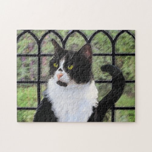 Tuxedo Cat in Window Painting Original Animal Art Jigsaw Puzzle