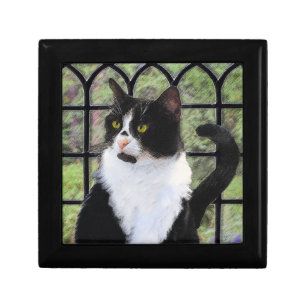 Tuxedo Cat in Window Painting Original Animal Art Keepsake Box
