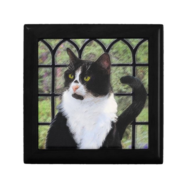 Tuxedo Cat in Window Painting Original Animal Art Keepsake Box (Front)