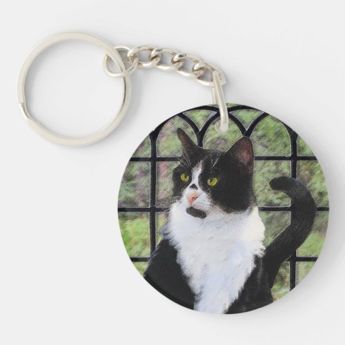 Tuxedo Cat in Window Painting Original Animal Art Keychain