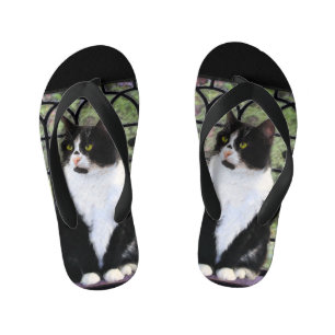 Tuxedo Cat in Window Painting Original Animal Art Kid's Flip Flops
