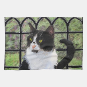 Tuxedo Cat in Window Painting Original Animal Art Kitchen Towel