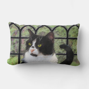 Tuxedo Cat in Window Painting Original Animal Art Lumbar Pillow