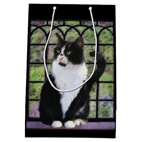 Tuxedo Cat in Window Painting Original Animal Art Medium Gift Bag
