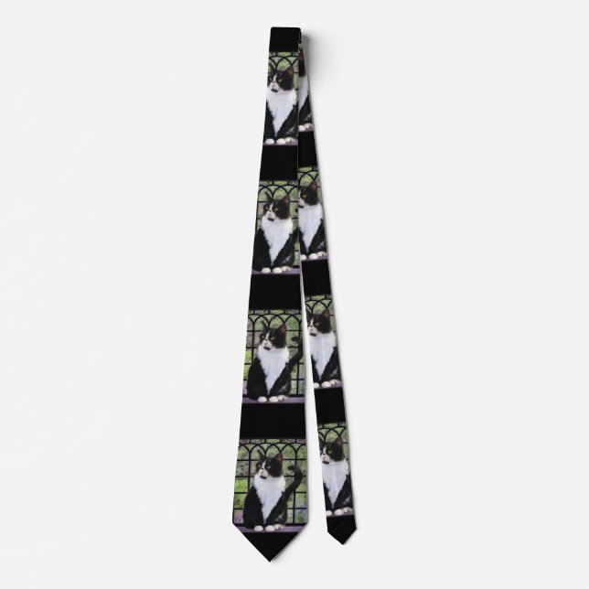 Tuxedo Cat in Window Painting Original Animal Art Neck Tie (Front)