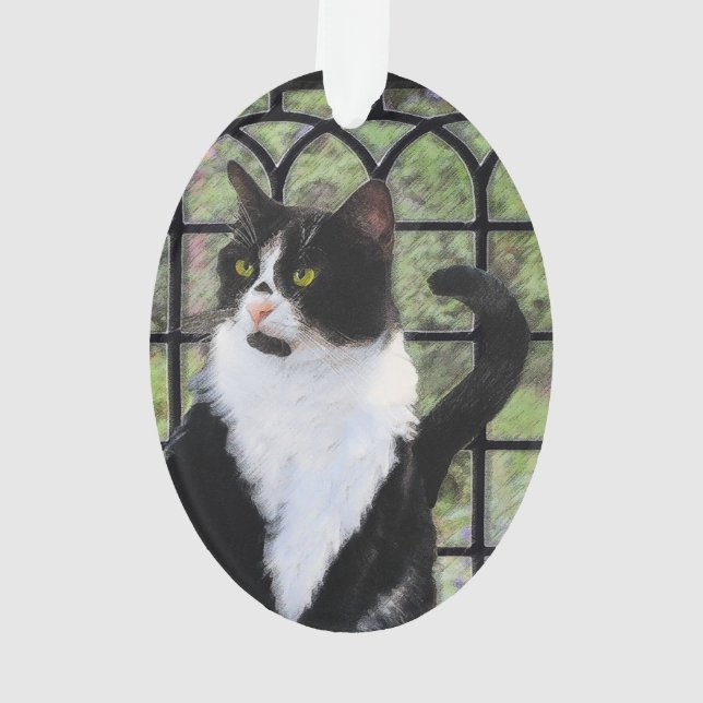 Tuxedo Cat in Window Painting Original Animal Art Ornament (Back)