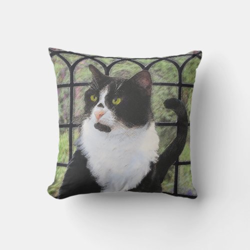 Tuxedo Cat in Window Painting Original Animal Art Outdoor Pillow