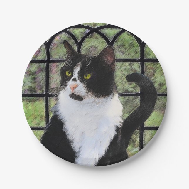 Tuxedo Cat in Window Painting Original Animal Art Paper Plates (Front)
