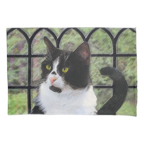 Tuxedo Cat in Window Painting Original Animal Art Pillow Case