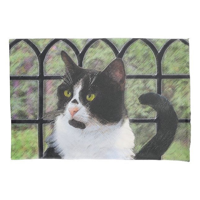 Tuxedo Cat in Window Painting Original Animal Art Pillow Case (Front)