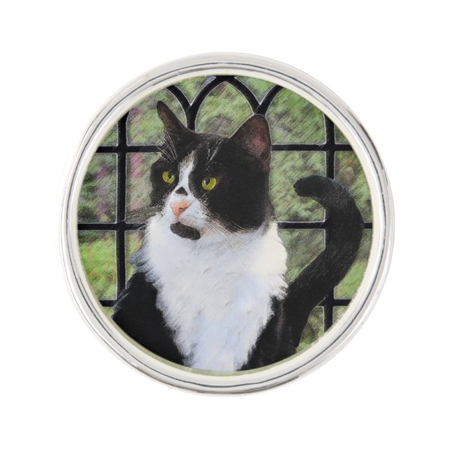 Tuxedo Cat in Window Painting Original Animal Art Pin (Front)