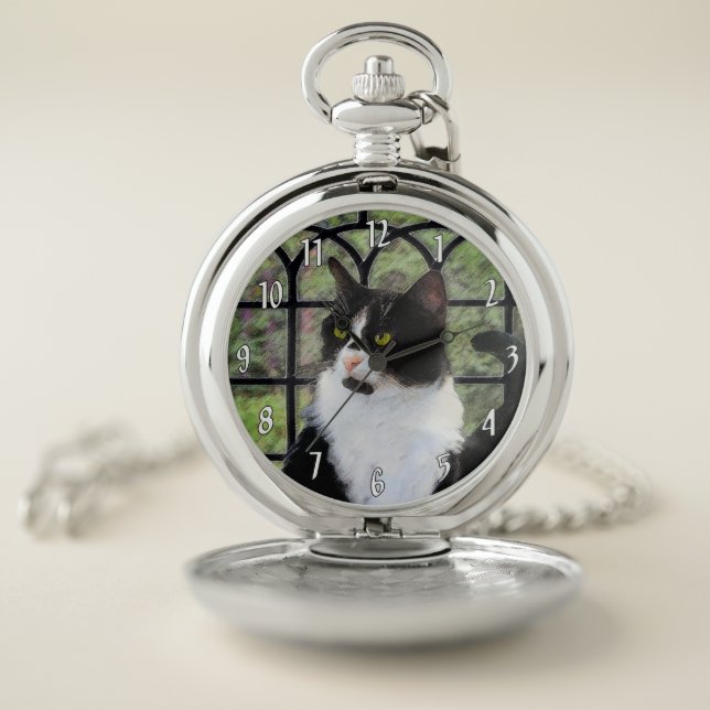 Tuxedo Cat in Window Painting Original Animal Art Pocket Watch (Inside)