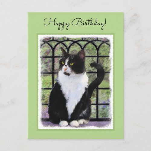 Tuxedo Cat in Window Painting Original Animal Art Postcard