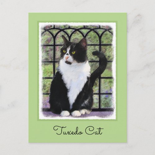 Tuxedo Cat in Window Painting Original Animal Art Postcard