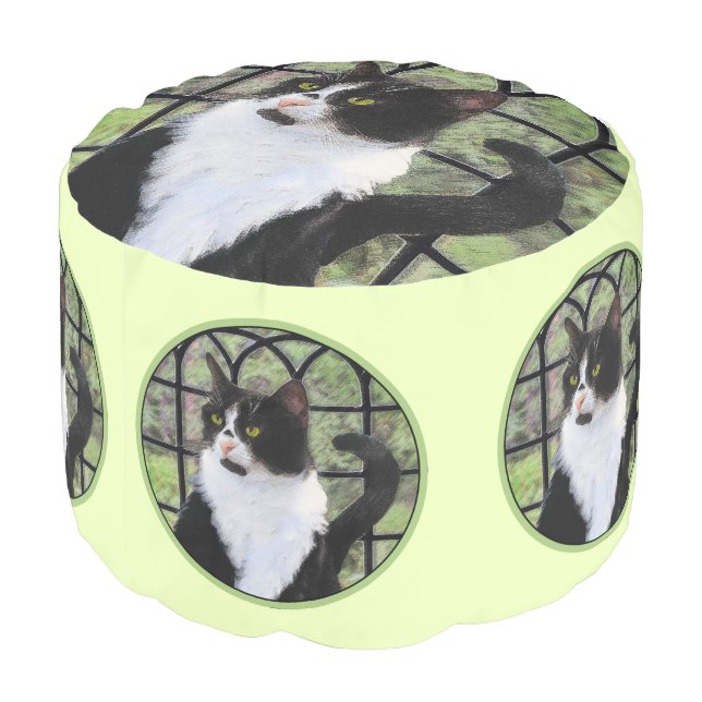 Tuxedo Cat in Window Painting Original Animal Art Pouf (Angled Back)