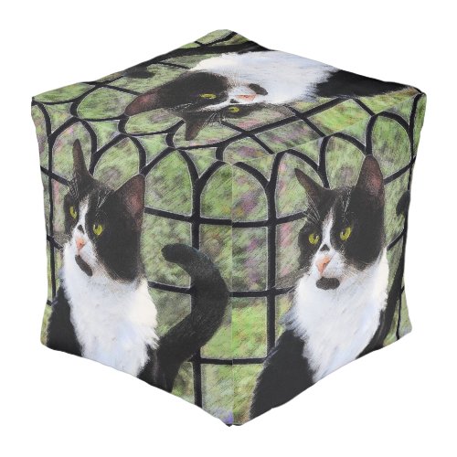 Tuxedo Cat in Window Painting Original Animal Art Pouf