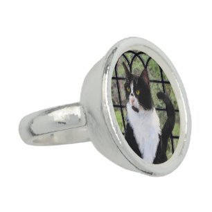 Tuxedo Cat in Window Painting Original Animal Art Ring