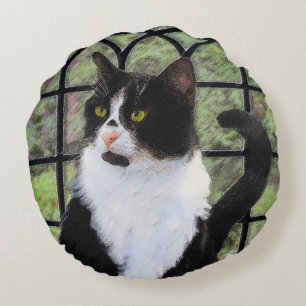 Tuxedo Cat in Window Painting Original Animal Art Round Pillow