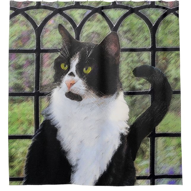Tuxedo Cat in Window Painting Original Animal Art Shower Curtain (Front)