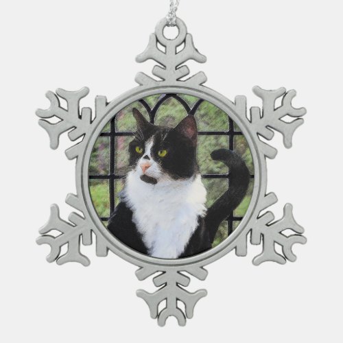 Tuxedo Cat in Window Painting Original Animal Art Snowflake Pewter Christmas Ornament