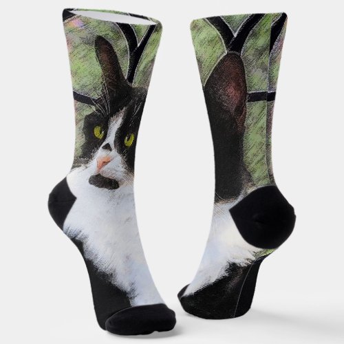 Tuxedo Cat in Window Painting Original Animal Art Socks