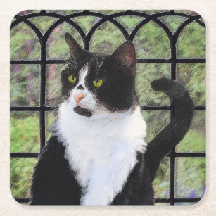 Tuxedo Cat in Window Painting Original Animal Art Square Paper Coaster