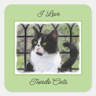 Tuxedo Cat in Window Painting Original Animal Art Square Sticker
