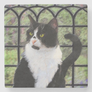 Tuxedo Cat in Window Painting Original Animal Art Stone Coaster