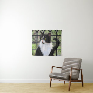Tuxedo Cat in Window Painting Original Animal Art Tapestry