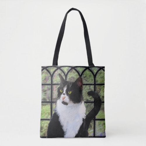 Tuxedo Cat in Window Painting Original Animal Art Tote Bag