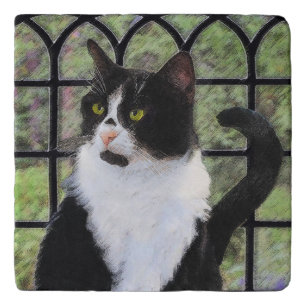 Tuxedo Cat in Window Painting Original Animal Art Trivet