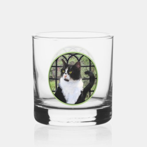 Tuxedo Cat in Window Painting Original Animal Art Whiskey Glass