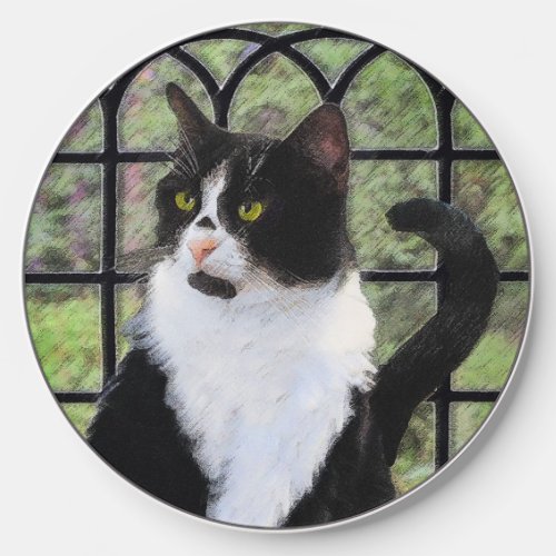 Tuxedo Cat in Window Painting Original Animal Art Wireless Charger