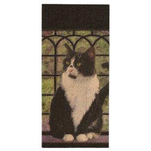 Tuxedo Cat in Window Painting Original Animal Art Wood USB Flash Drive