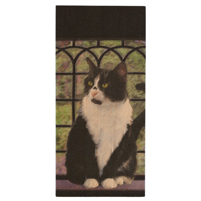 Tuxedo Cat in Window Painting Original Animal Art Wood USB Flash Drive (Back (Vertical))