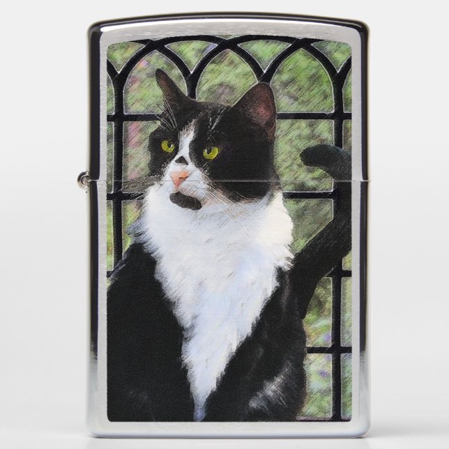 Tuxedo Cat in Window Painting Original Animal Art Zippo Lighter (Front)