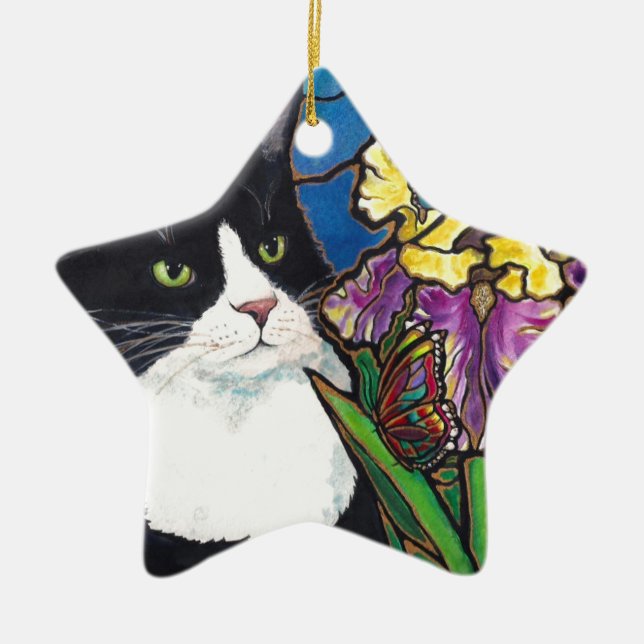 Tuxedo Cat Iris Flower Butterfly Stained Glass Ceramic Ornament (Front)