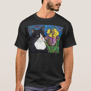 Tuxedo Cat Iris Flower Butterfly Stained Glass T-Shirt